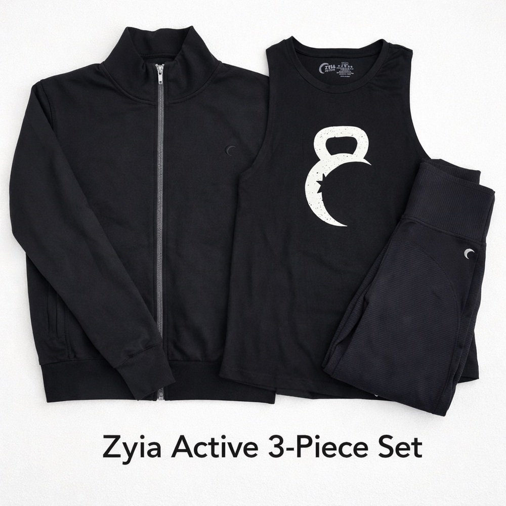 Zyia Active 3-Piece Set Women’s Large | Black Jacket Tank Leggings